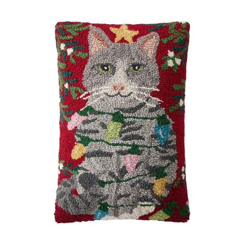 Christmas Cat Hooked Pillow