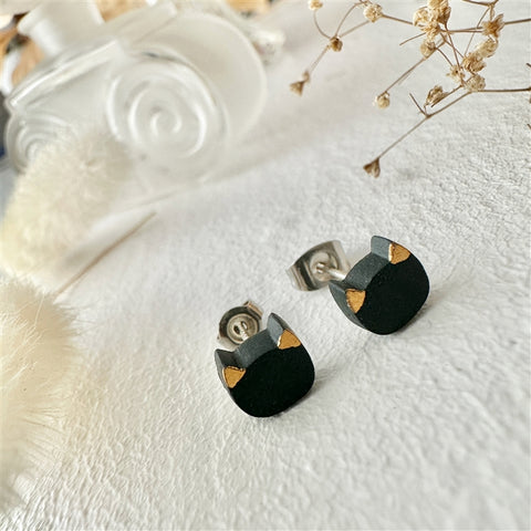 Black Cat Face Stud Earrings