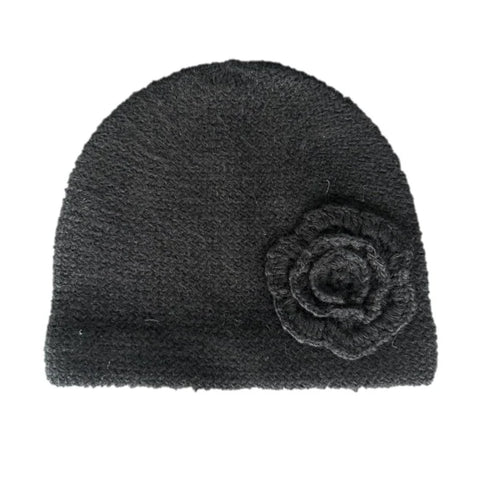 Crochet Flower Beanie - Black