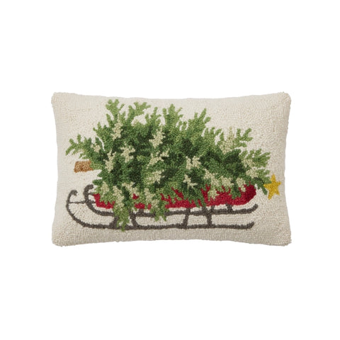Christmas Tree On Sled Hooked Pillow