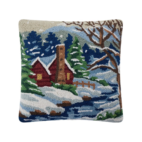 Snowy Cabin Hooked Pillow