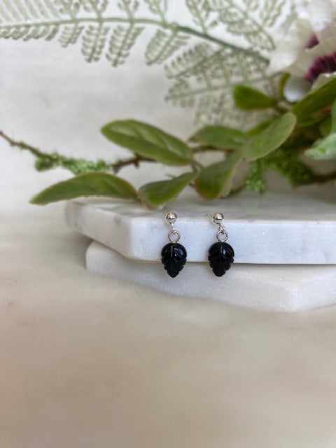 Tiny Onyx Leaf Studs