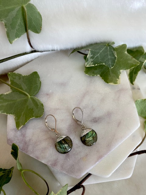 Round Silver Top Labradorite Hinged Earrings