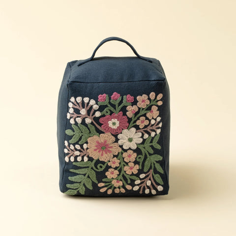 Blue Embroidered Floral Doorstop