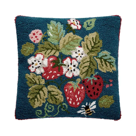 Vintage Inspired Strawberries Hooked Pillow