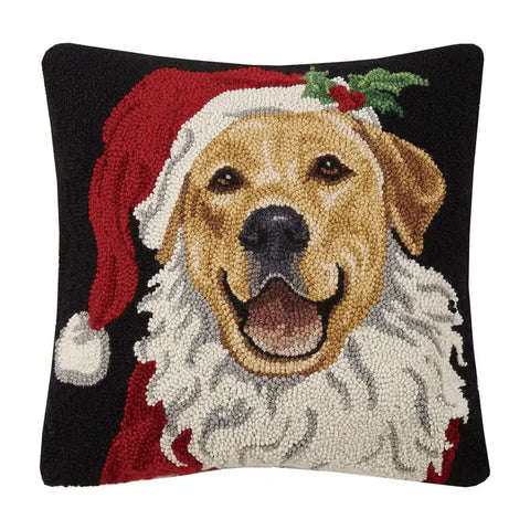 Holiday Santa Retreiver Dog Hooked Pillow