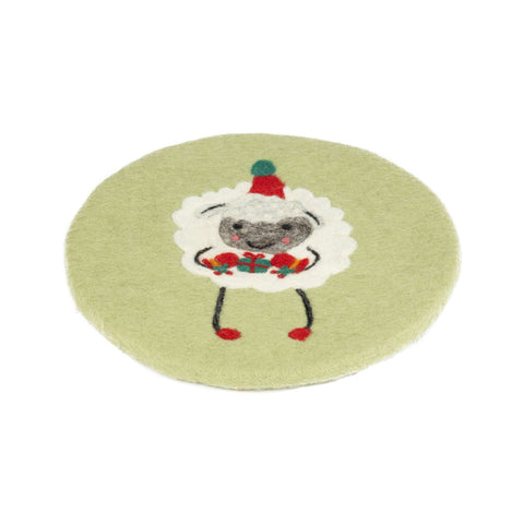 Green Holiday Sheep Felted Trivet