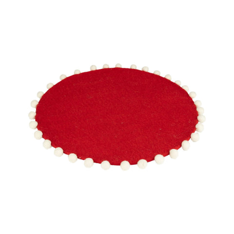 Red Felted Trivet With Pom Poms