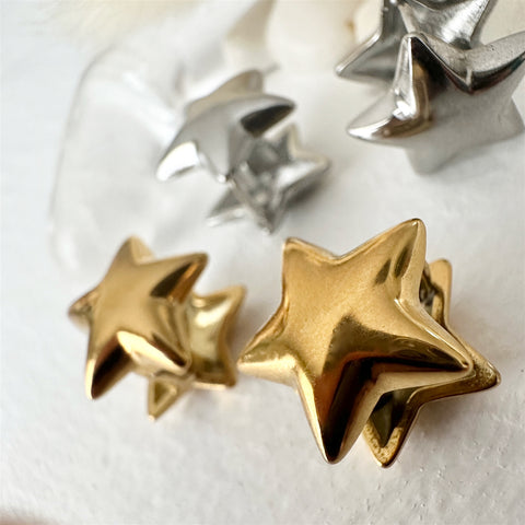 Gold Double Star Stud Earrings