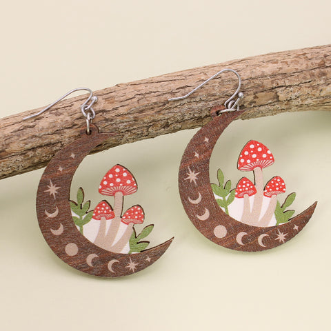 Wooden Moon & Mushroom Earrings