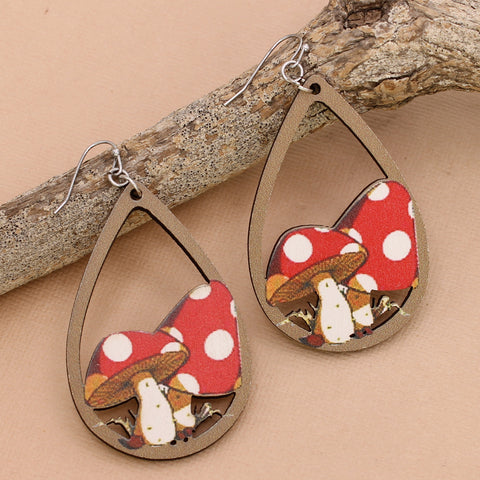 Wooden Mushroom Teardrop Earrings