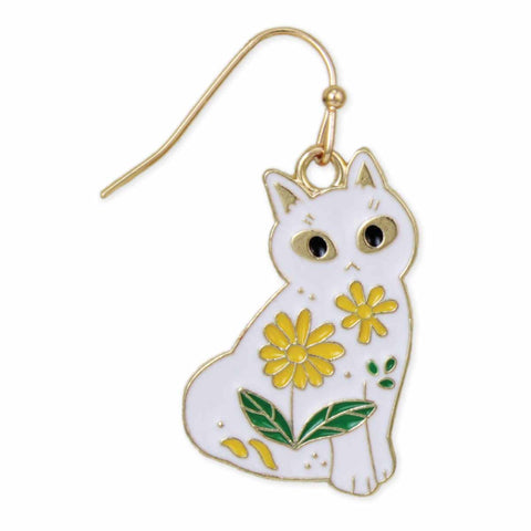 White Cat with Flowers Earrings