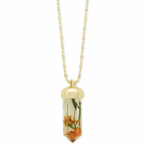 Yellow Dried flowers In Crystal Necklace