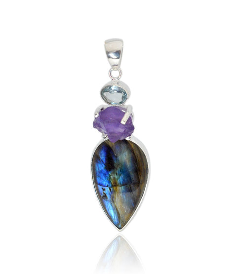 Labradorite, Raw Amethyst & Blue Topaz Pendant