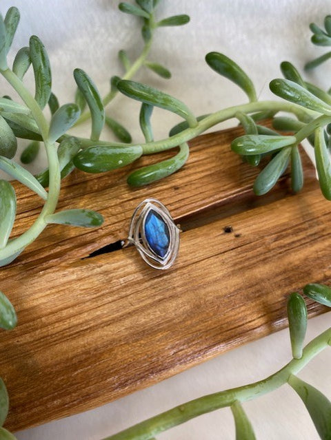 Labradorite Ring, Almond Shaped With Decroative Setting