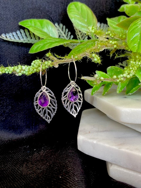 Teardrop Amethyst & Leaf Hoops