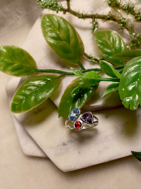 Amethyst, Blue Topaz & Garnet Ring