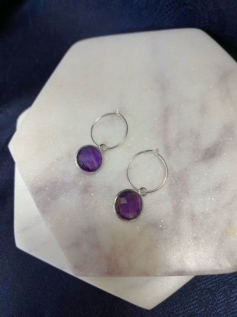 Round Amethyst Hoops