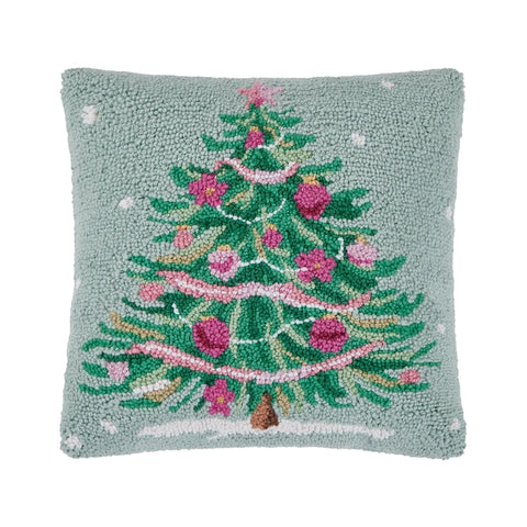 Pink & Green Christmas Tree Hooked Pillow