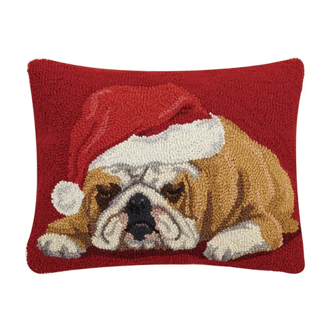 Bulldog With Santa Hat Hooked Pillow