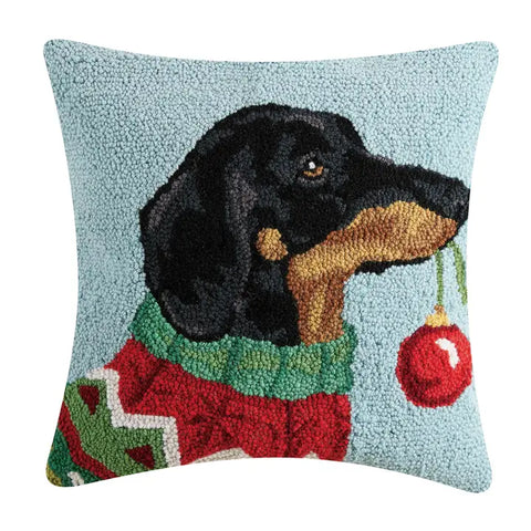 Holiday Dachshund Hooked Pillow