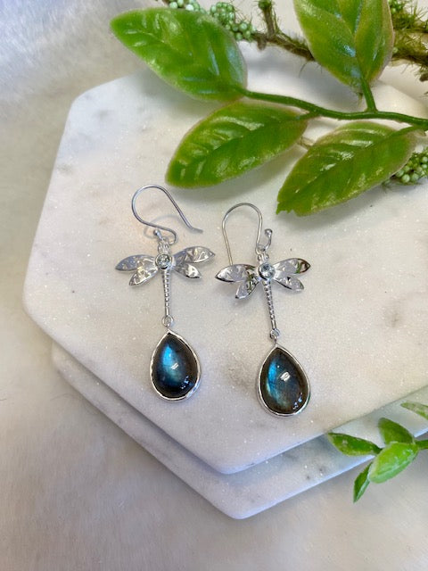 Blue Topaz & Labradorite Dragonfly Earrings