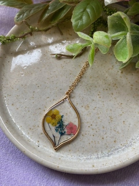 Yellow, Teal & Pink Pressed Flowers Necklace