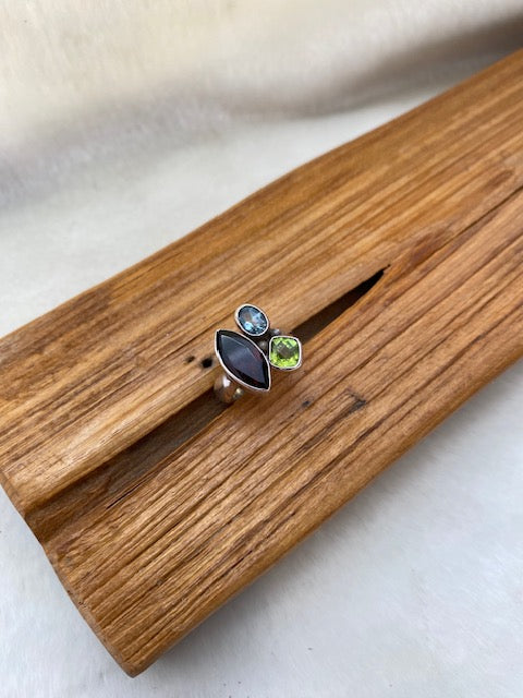 Garnet, Peridot & Blue Topaz Ring