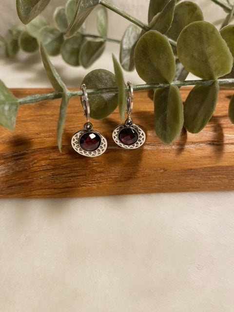 Round Garnet & Silver Disk Hinged Earrings