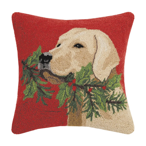 Golden Lab With Holly Hooked Pillow