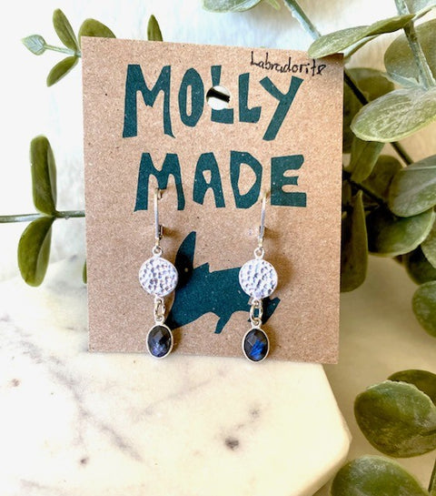 Hammered Silver & Oval Labradorite Drop Hinged Earrings