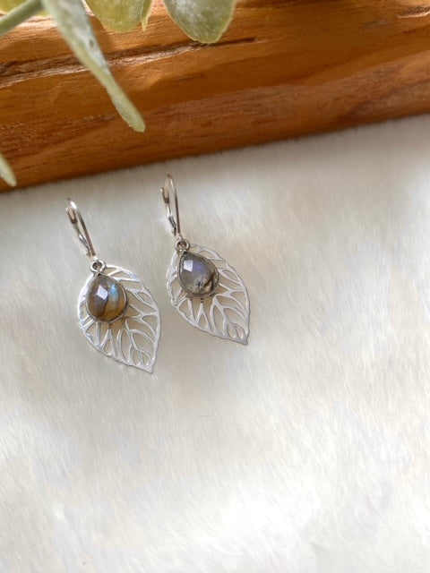 Labradorite & Leaf Hinged Earrings
