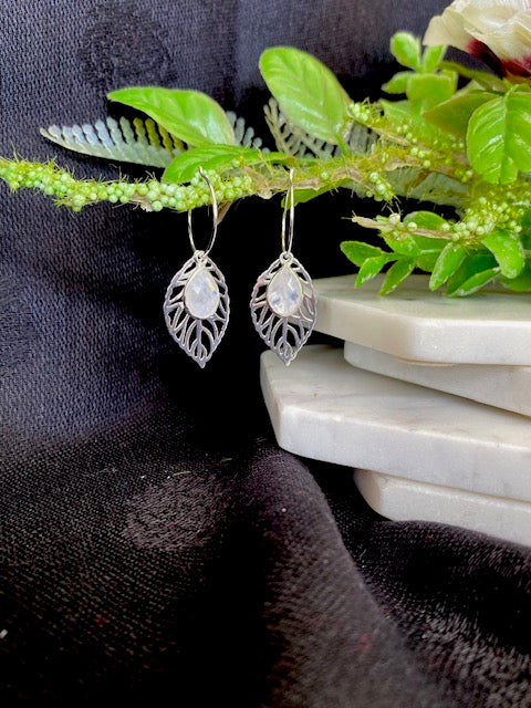 Teardrop Moonstone & Leaf Hoops