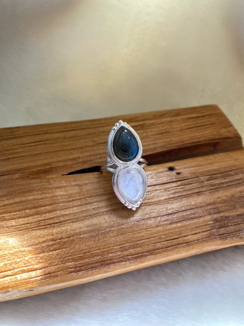 Teardrop Moonstone & Labradorite Ring