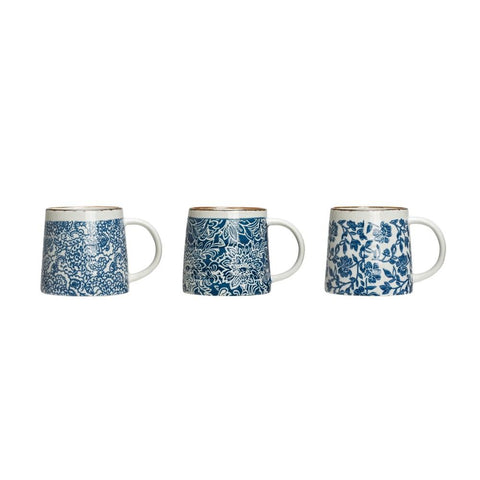 Hand Stamped White And Blue Mugs