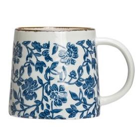 Hand Stamped White And Blue Mugs