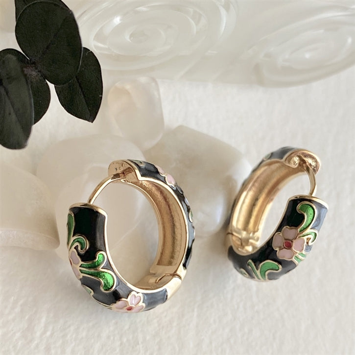 Black Floral Enamel Hoops