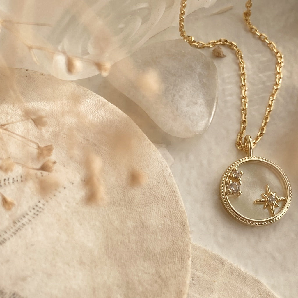 Rhinestone Stars On Round Mother Of Pearl Necklace