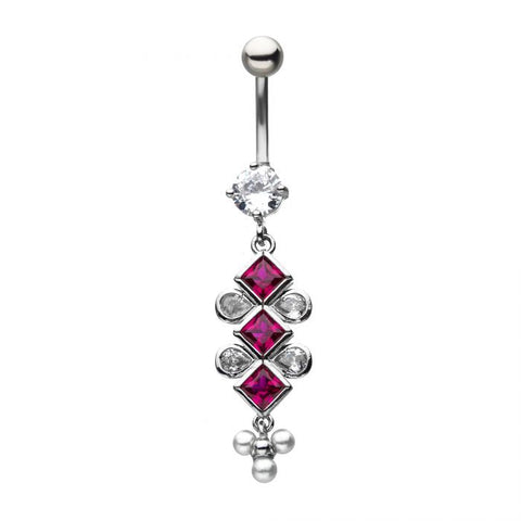Triple Magenta Diamond Dangle Navel Barbell